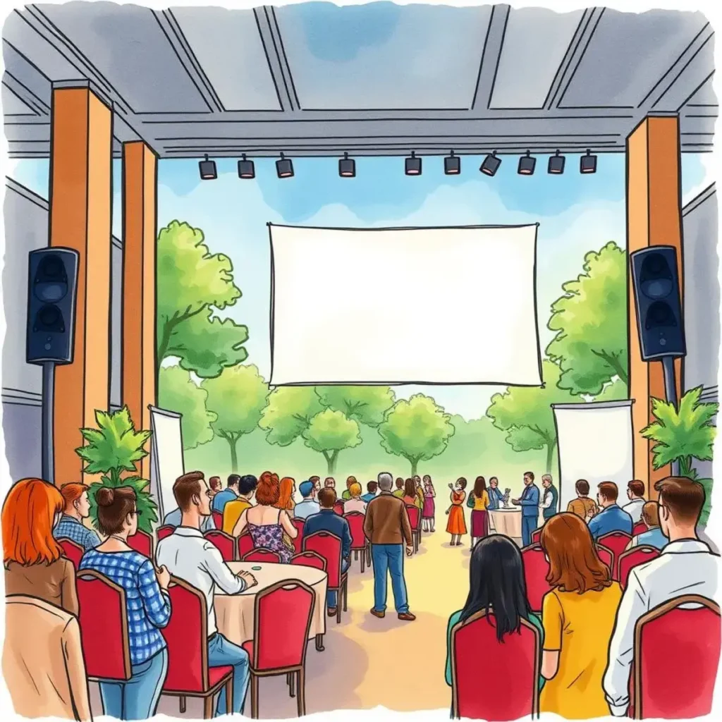 Audience response evaluator: Analyze attendee comments for improvement opportunities 1 Audience evaluating speaker performance in a scenic outdoor event setting.