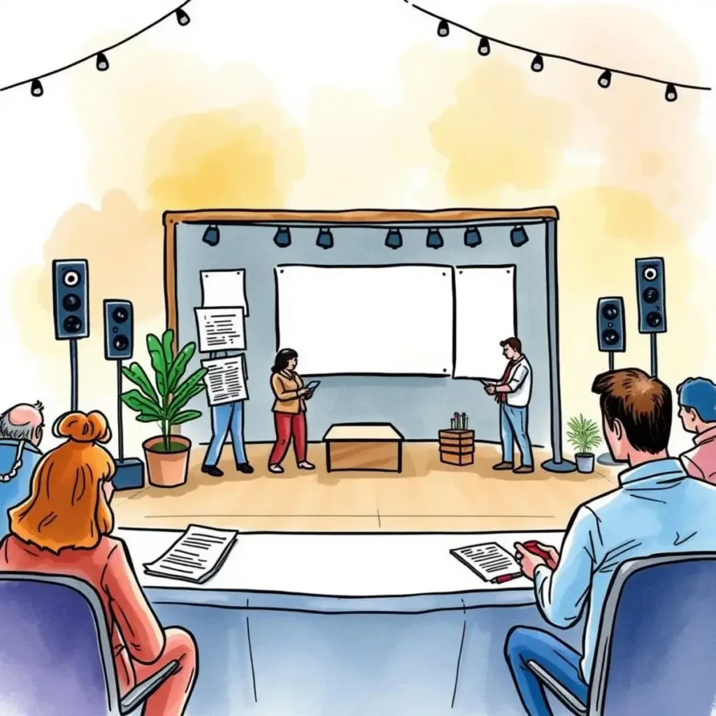 Outcome recorder: Document results and lessons from events 1 Team evaluating event outcomes on stage with presentation materials.