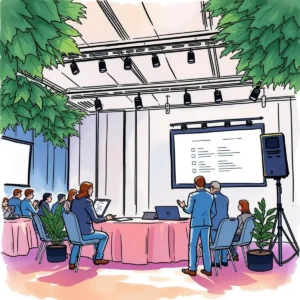 Post-event review generator: Create structured evaluations of events 4 Meeting room with professionals discussing post-event evaluations and feedback.