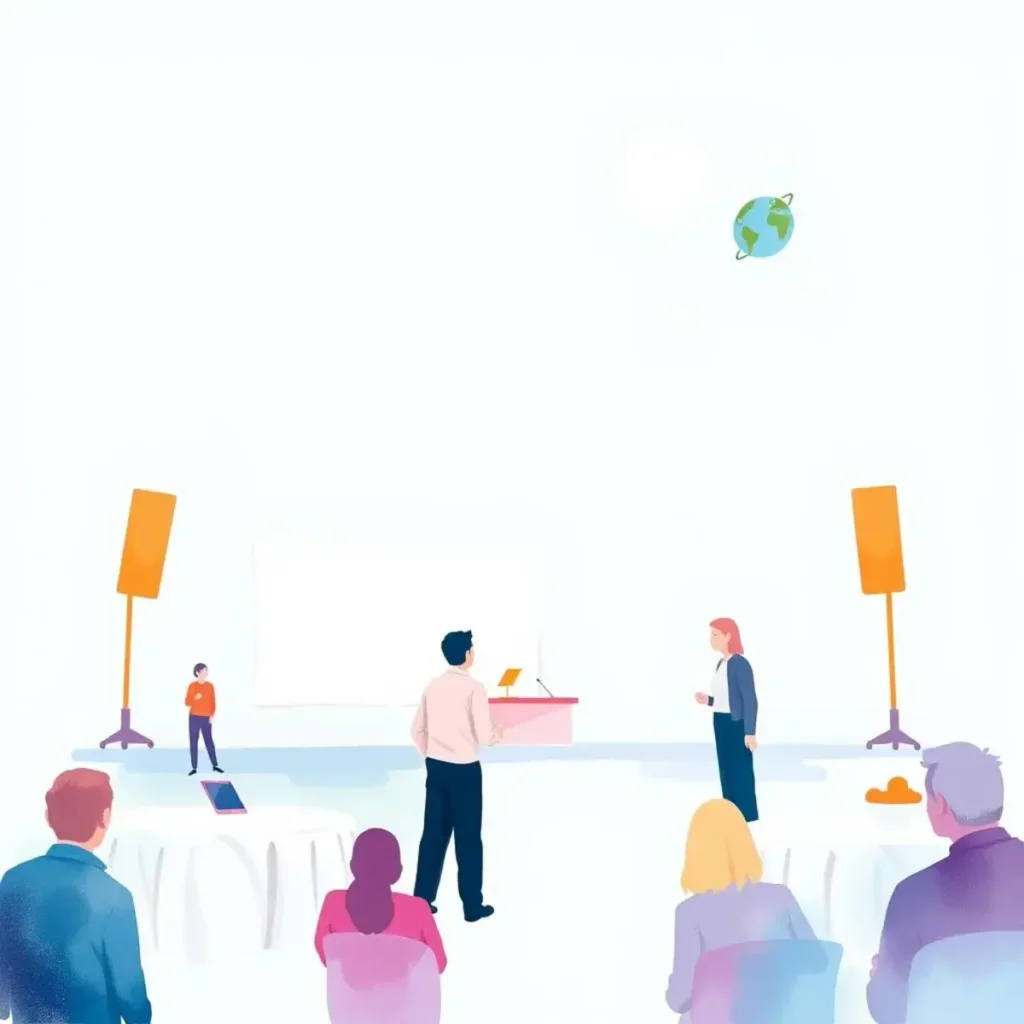 Post-event thank you note maker: Create appreciation notes for sponsors and partners 1 Professionals discussing event success with a globe symbolizing global partnerships.