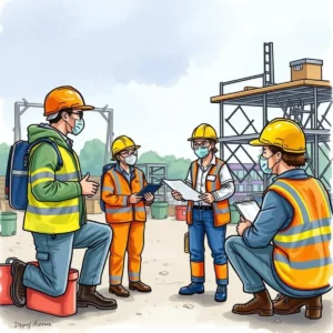A group of safety professionals discussing a PPE feedback form on a construction site.