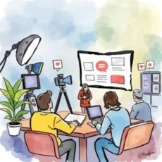 A team engages in a presentation with cameras and a display screen, showcasing media research insights.