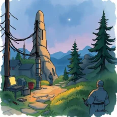 A serene landscape with a hiker near a monitoring station and mountains.