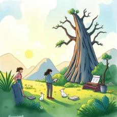 Two individuals analyze documents near a large, vibrant tree in nature.