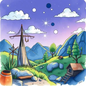 Colorful illustration of scenic mountains and trees