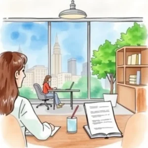 A professional workspace depicting an assistant preparing documents for scheduling meetings.