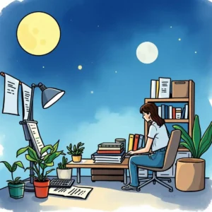 Prepared data collector: Gather and prepare data for budgeting tasks 3 Woman working late at night, organizing documents for budgeting tasks.