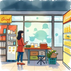 A woman analyzes product displays while contemplating pricing strategies in a retail space.