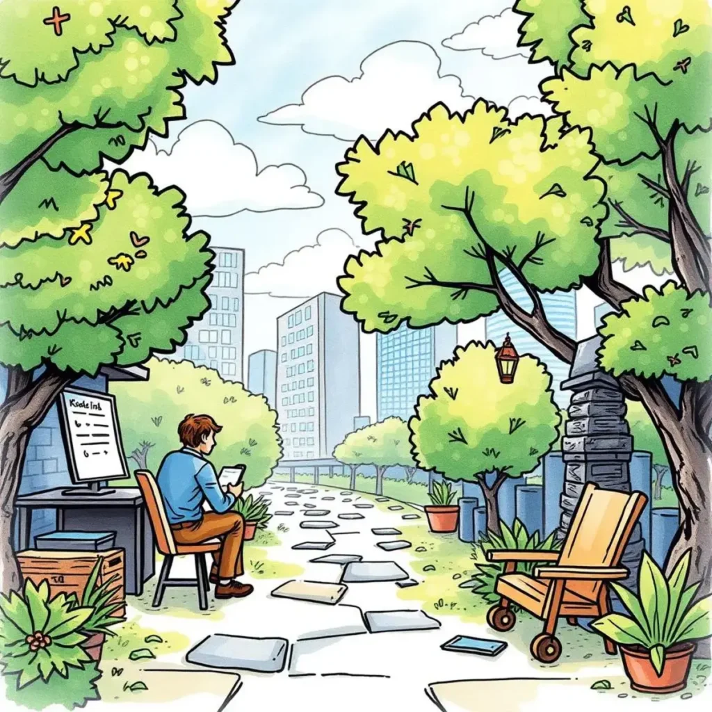 Privacy concepts clarifier: Explain key data privacy terms and concepts 1 A peaceful urban garden pathway with a man reading, surrounded by greenery and city buildings.