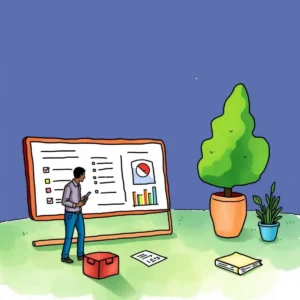 Illustration of a person tracking procedures on a whiteboard.