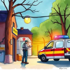 A security personnel reviews an incident report near an emergency vehicle at a facility.