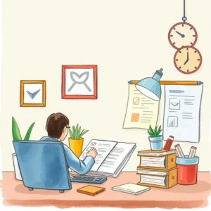 Audit checklist generator: Produce checklists for auditing processes 1 Person reviewing a checklist at a desk in an auditing workspace.