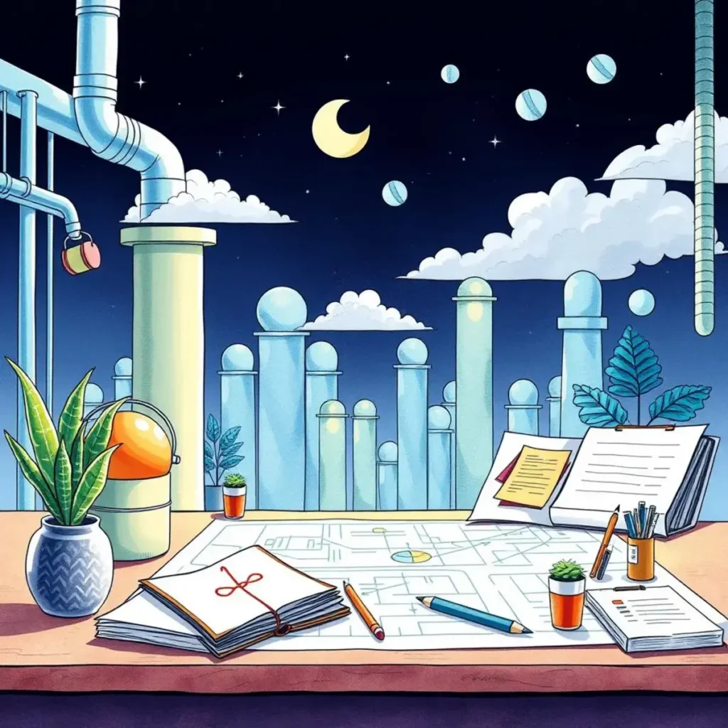 Process evaluation blueprint: Develop blueprints for process evaluation 1 A detailed workspace featuring blueprints, plants, and industrial elements for process evaluation.
