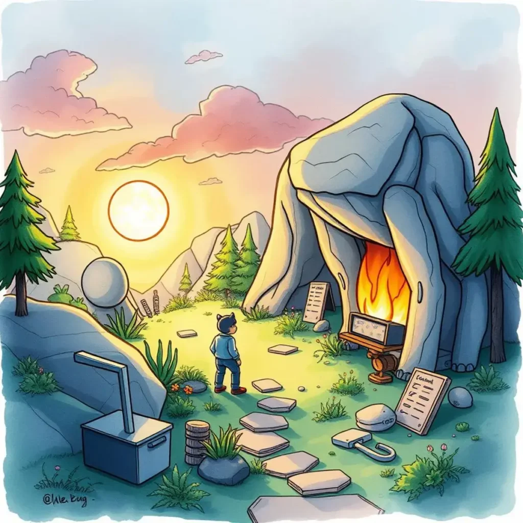 Process optimization suggestion: Recommend optimizations based on data input 1 A person contemplating optimization strategies near a glowing cave entrance.
