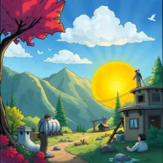 Optimized template generator for operational processes in a scenic landscape with mountains and cheerful sun