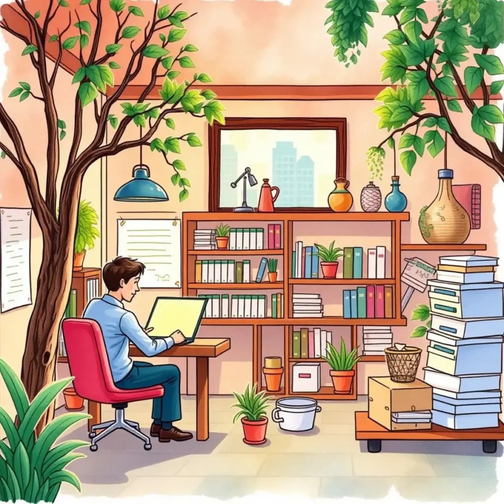 Product comparison synthesizer: Compare competitor products effectively and efficiently 1 A sales analyst working at a desk surrounded by plants and bookshelves.