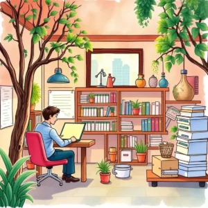 A sales analyst working at a desk surrounded by plants and bookshelves.