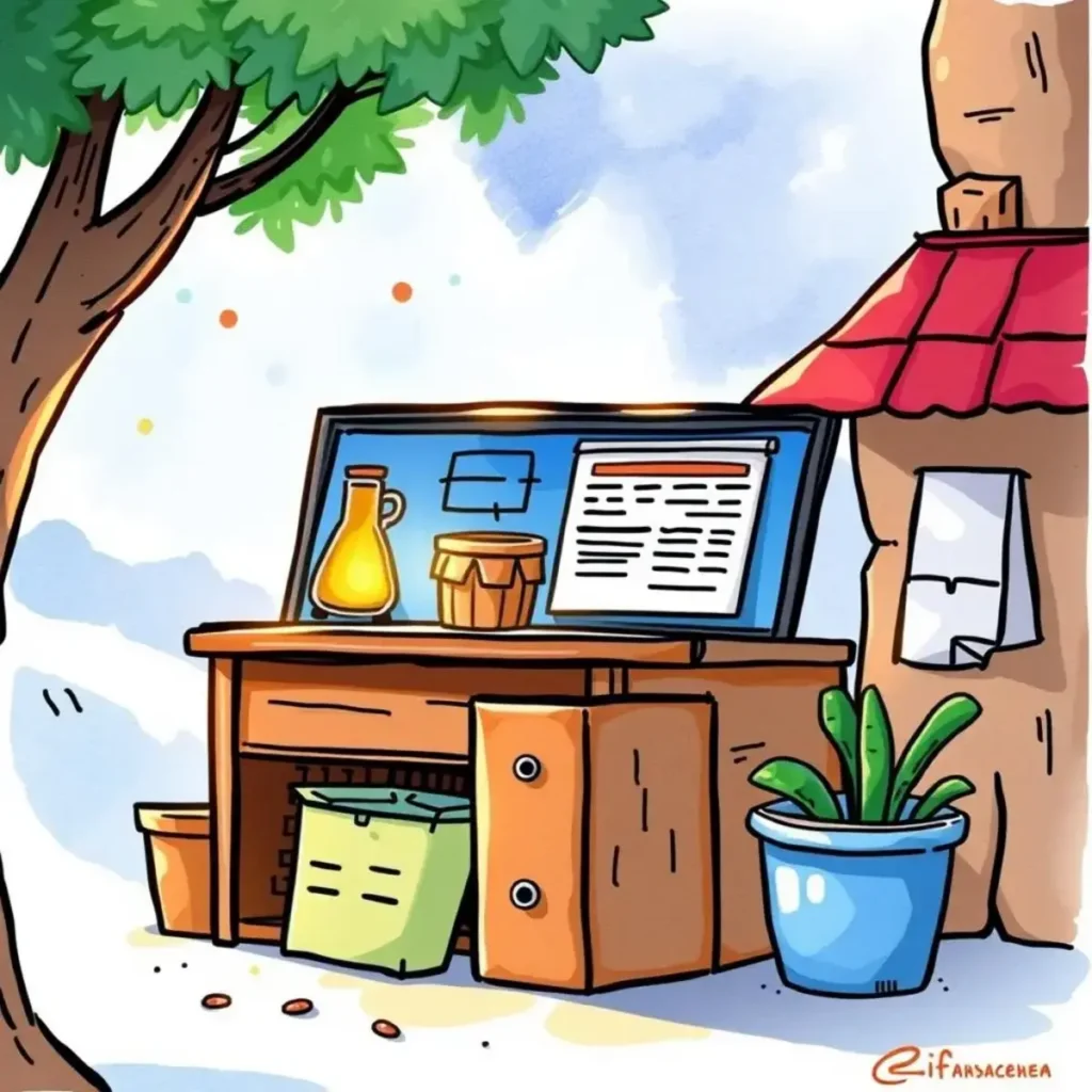 A colorful outdoor workspace featuring a desk with documents and items for product feedback analysis.