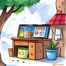 A colorful outdoor workspace featuring a desk with documents and items for product feedback analysis.