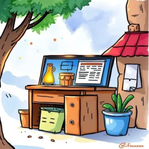 A colorful outdoor workspace featuring a desk with documents and items for product feedback analysis.