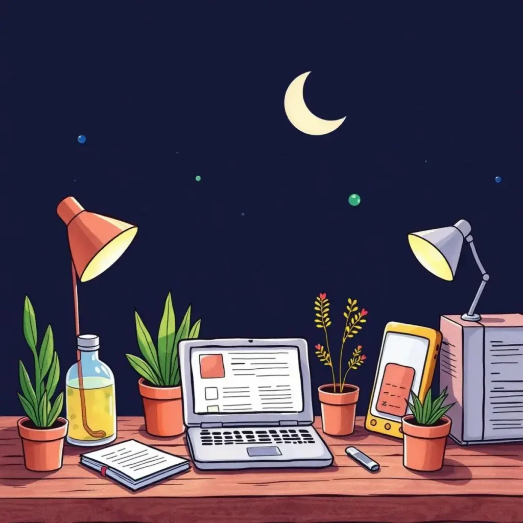 A cozy workspace with plants, laptop, and creative tools at night.