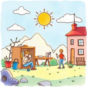 A sunny outdoor scene depicting children engaging with their surroundings.