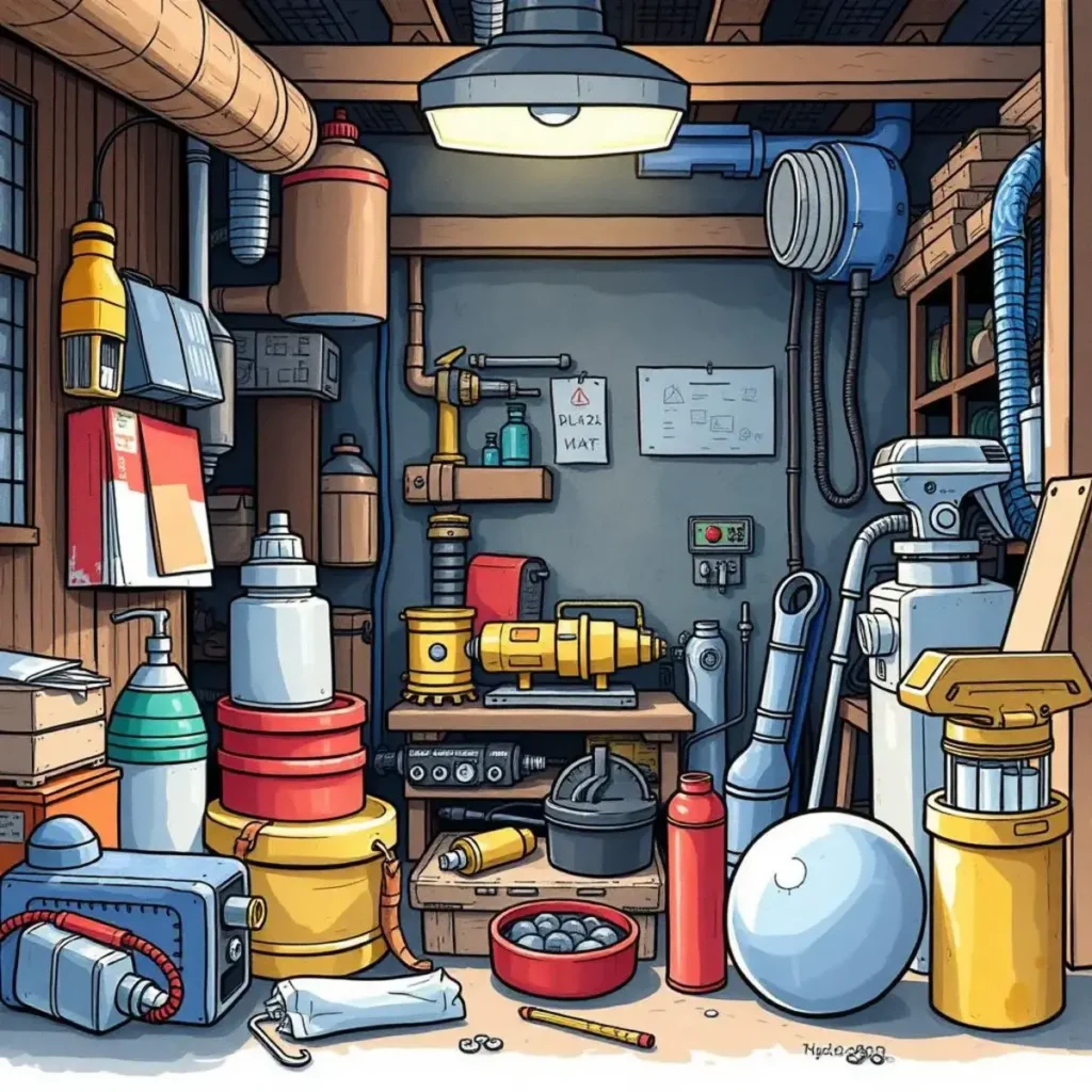 Product strengths identifier: Identify strengths of competitor products 1 A cluttered workshop filled with various tools and equipment for product analysis.