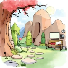 Digital illustration of serene outdoor workspace for production scheduling.