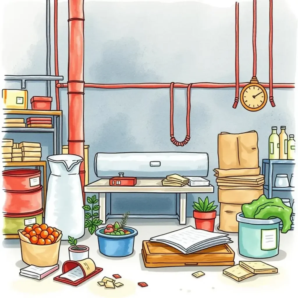 Production efficiency advisor: Create reports on production inefficiencies 1 Cluttered workspace with plants and materials showcasing production inefficiencies.