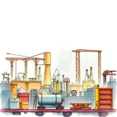 Illustration of a manufacturing facility focused on efficiency analysis.