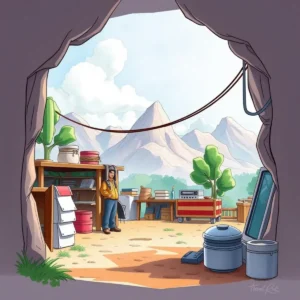 Production feedback aggregator: Compile and summarize production feedback reports 7 View from a cavern entrance showcasing tools and mountainous landscape.