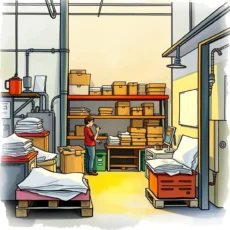 Person organizing production records in a warehouse setting with boxes.