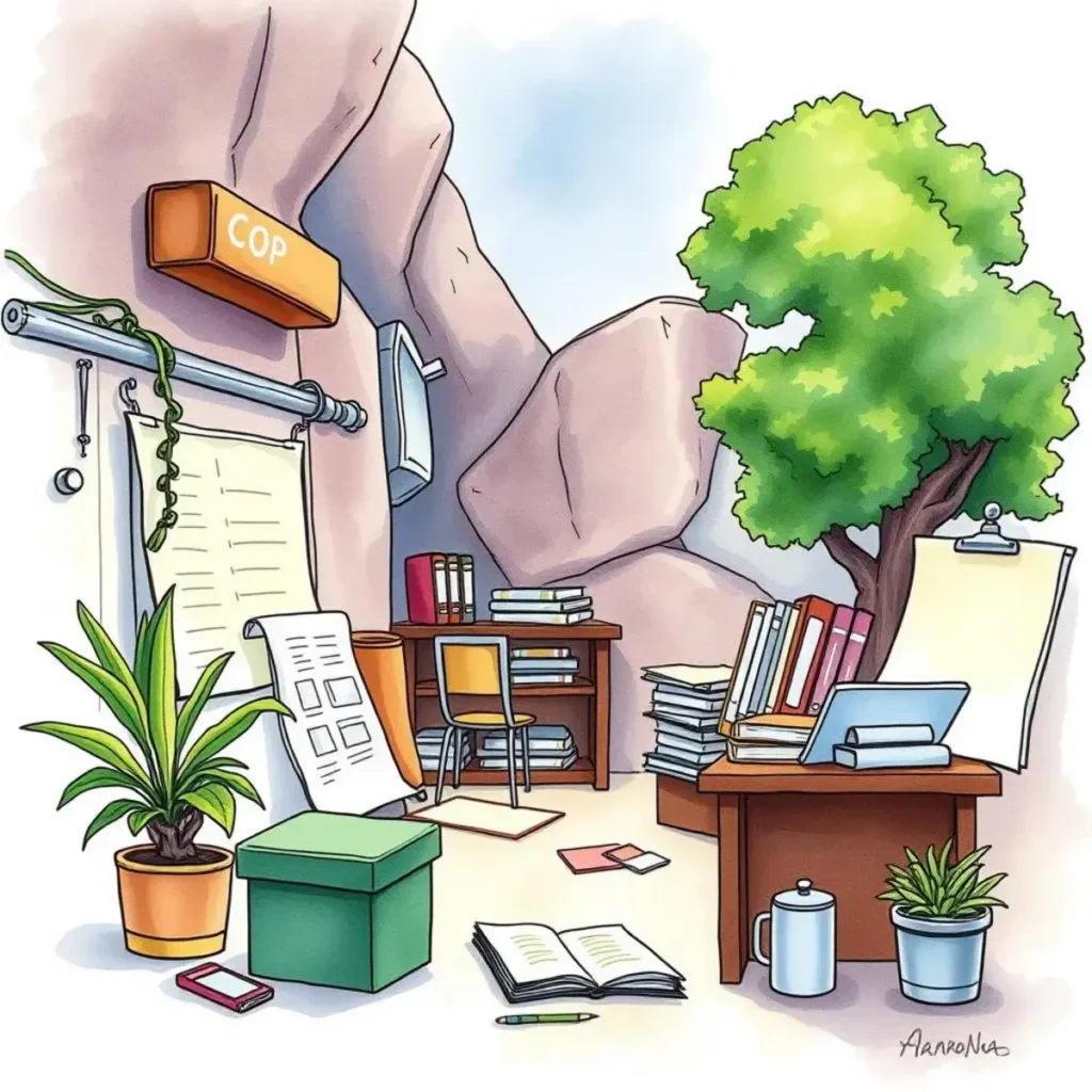 Production approval document formatter: Structure documents for final approval readiness 1 A creative workspace featuring documents, plants, and books, ideal for production planning tasks