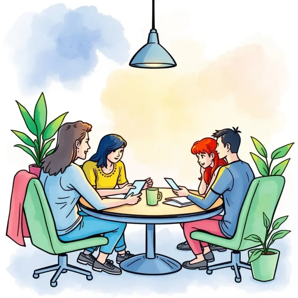 Project alignment definition tool: Specify and align project collaboration objectives 1 Collaboration team discussing project alignment objectives around a table with digital devices.