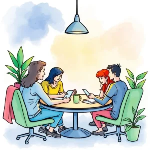Project alignment definition tool: Specify and align project collaboration objectives 2 Collaboration team discussing project alignment objectives around a table with digital devices.