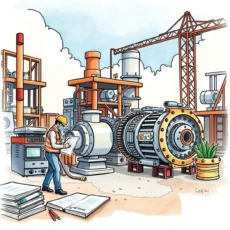 Engineer reviewing project reports at an industrial equipment site.