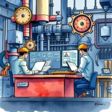Engineers reviewing project data in a mechanical workshop setting.