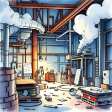 A cluttered engineering workspace filled with tools, equipment, and steam pipes