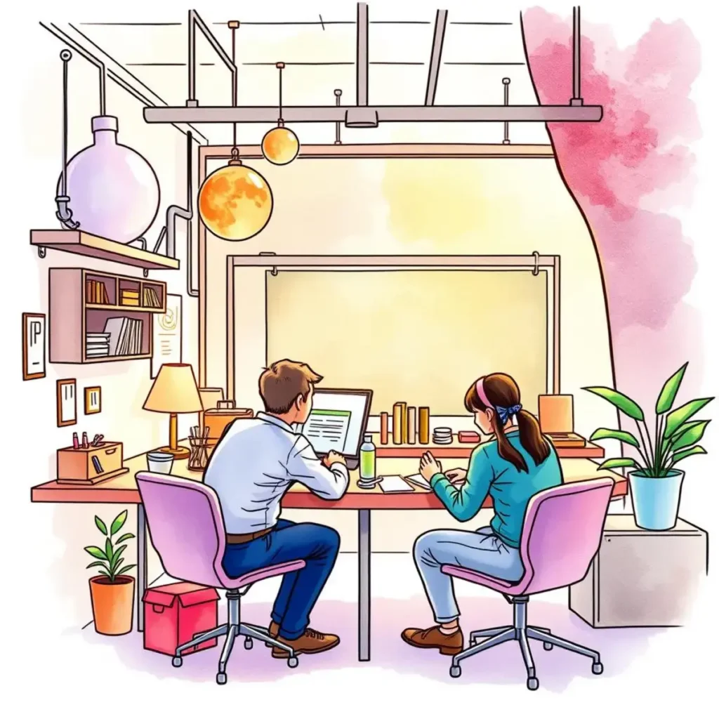 Project outcome highlighter: Identify and summarize key collaboration results 1 Project Outcome Highlighter tool in use by two professionals collaborating at a desk in a modern workspace