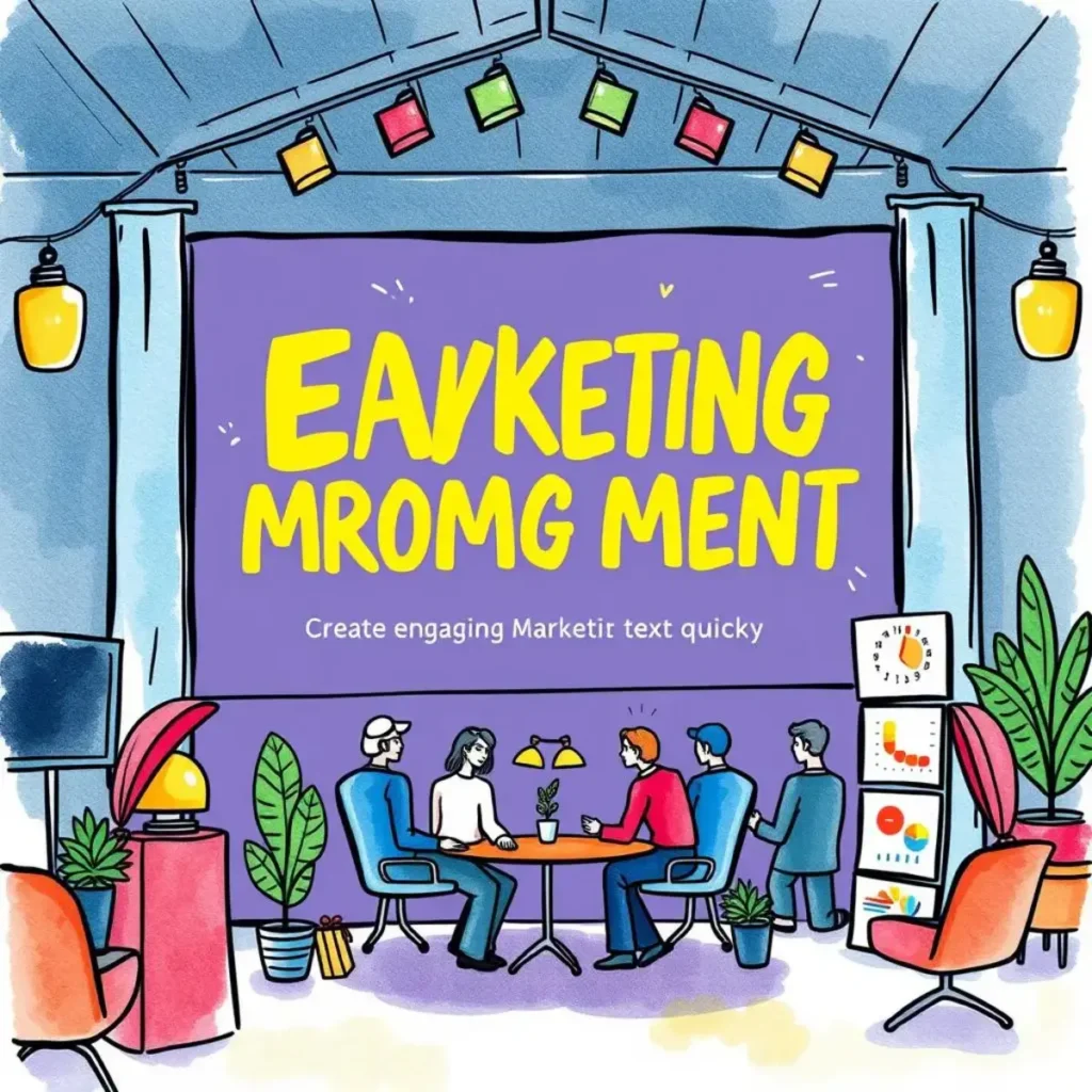 Promotional copy generator: Create engaging marketing text quickly 1 Colorful illustration of people creating promotional copy together.