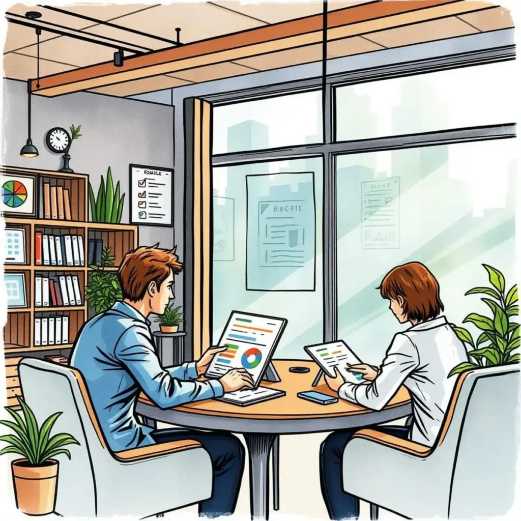 Proposal data synthesizer: Synthesize proposal data for competitive advantage 1 A team collaborates on proposal data analysis using digital devices in a modern office setting.