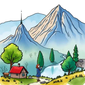 Person standing by a river, contemplating a mountain landscape.