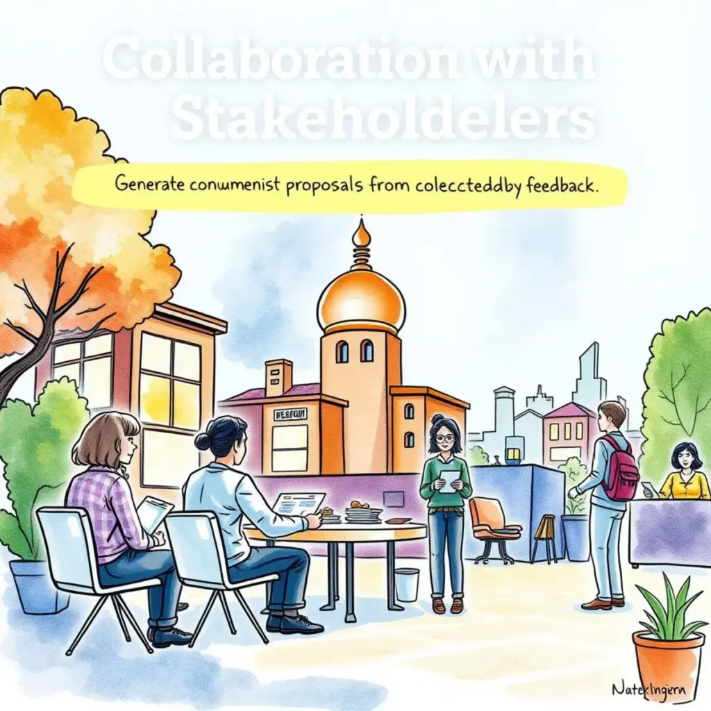 Proposal iteration tool: Generate revised proposals from collected feedback 1 Team collaborating outdoors to refine proposals based on stakeholder feedback.
