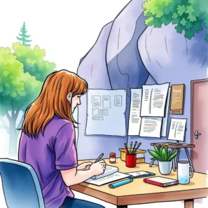 A woman analyzes feedback notes at a desk in a research and development setting.