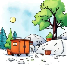 Colorful outdoor workspace with trees and prototyping equipment setup.