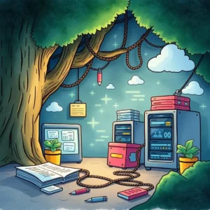 Illustration of a whimsical it workspace for storage provisioning tasks.