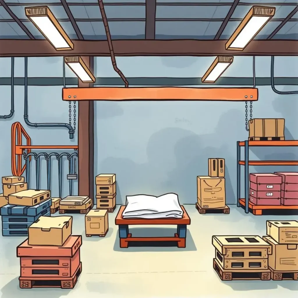 Pull system performance synopsis: Review and summarize pull system performance metrics 1 A well-organized manufacturing workspace with various boxes and a table for pull system materials.