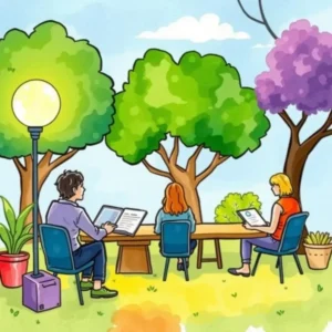 Three people seated at a table outdoors, discussing research invitations.