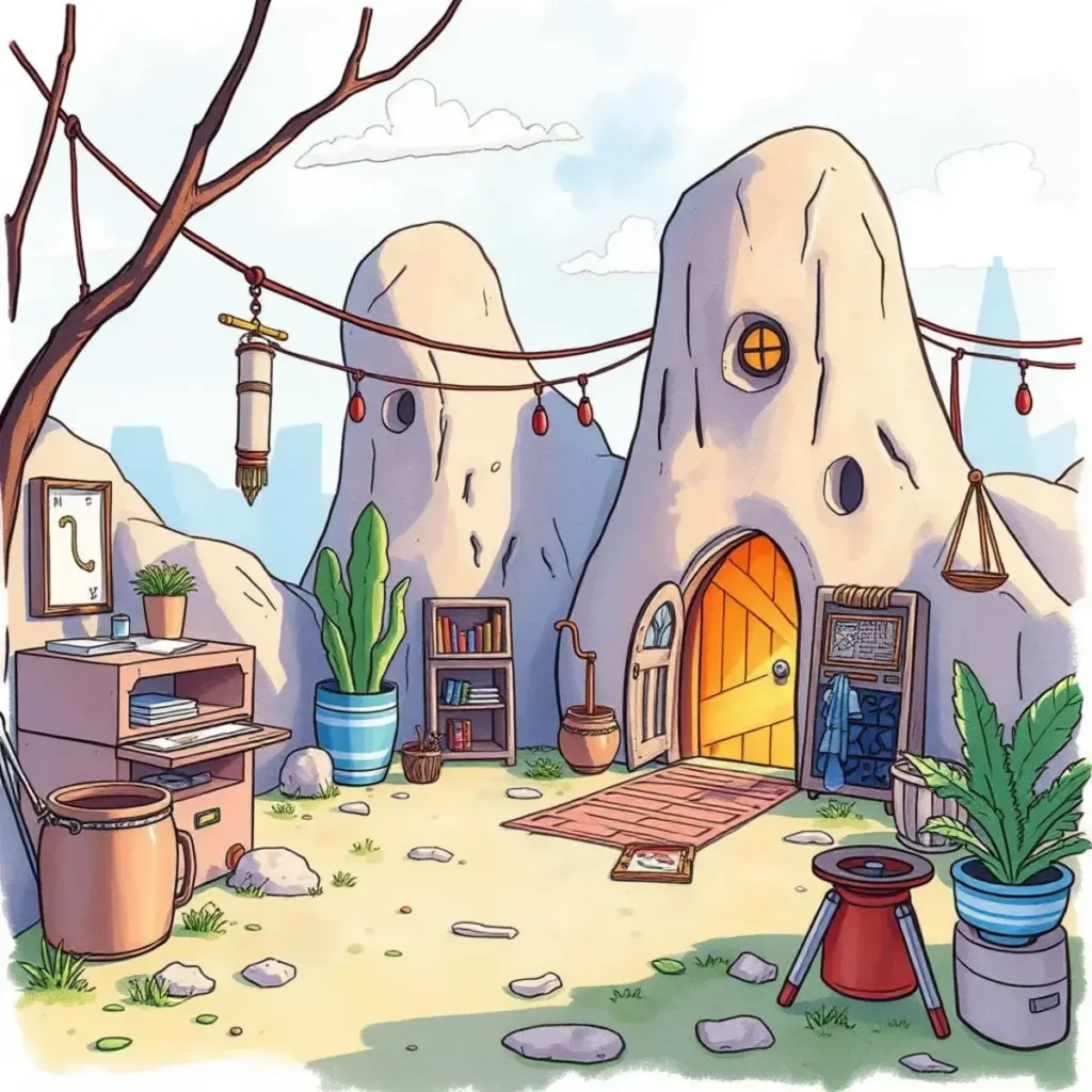 A cozy, cartoonish workspace setup in a mountainside environment showcasing a wooden door and various plants.