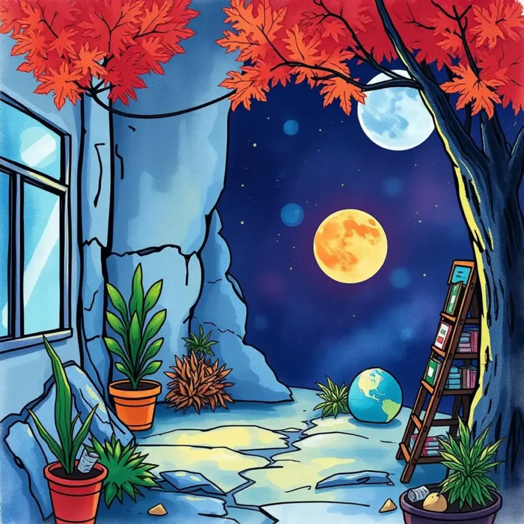 A vibrant illustration of a serene outdoor scene featuring plants, a globe, and two moons in the night sky